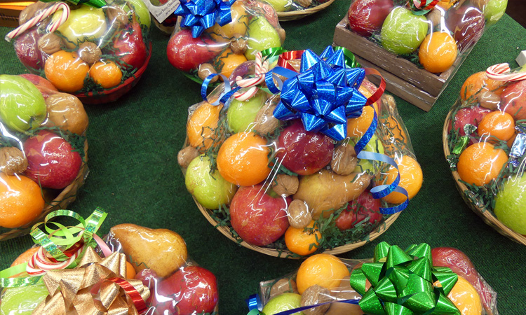 Candy in boxes on tables and shelves